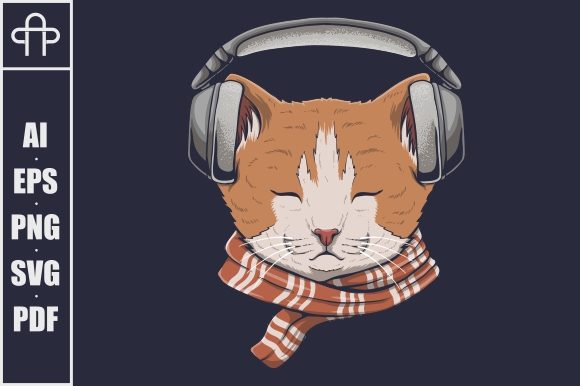Cat Headphone Listen Music Vector