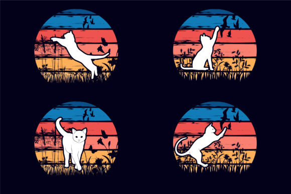 Sunset Cat Retro T-shirt Design Bundle